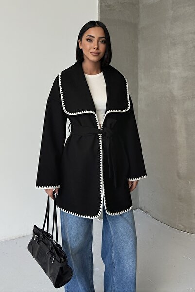 ALFUDO Moda Collection Soft Black Jacket with Embroidery Detail and Belt