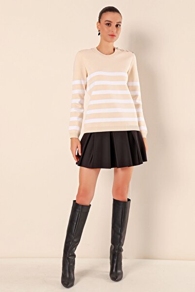 Hiccup Bdart Striped Acrylic Straight Neck Sweater with Button Detail