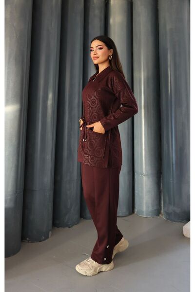 QUAWEAR Printed Shirt Collar False Pocket Lace-Up Zipper Closure Tunic and Pants Knitted Fabric Two-Piece Set