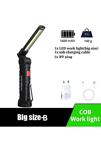 Heinast مصباح يدوي COB LED محمول جديد بمقبس كبير من الاتحاد الأوروبي، مصباح عمل قابل لإعادة الشحن عبر USB، مصباح مغناطيسي معلق