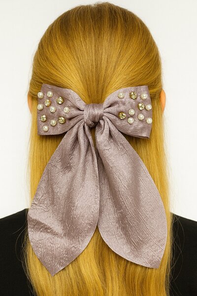 TAKIŞTIR Lilac Color Ribbon Figured Pearl and Stone Detailed Automatic Buckle