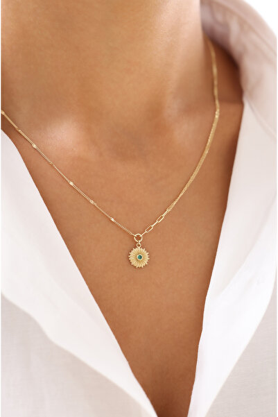 Zeyd Jewelry Yeşil Taşlı Güneş Figürlü 14 Ayar Altın Kolye