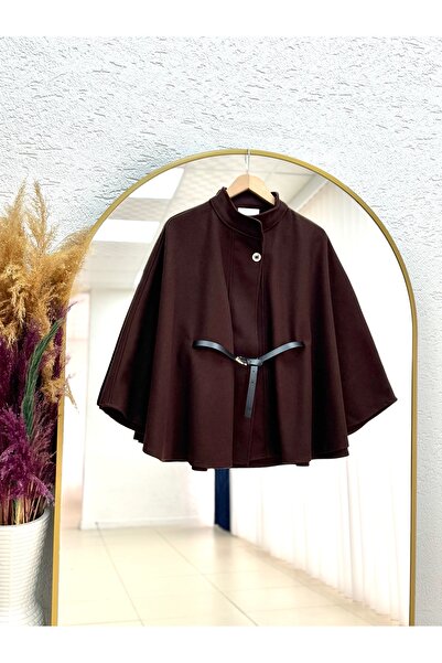 BENAHOLL Capique Tek Düğmeli Kemerli Kaşe Panço-Çİ457 Kahve