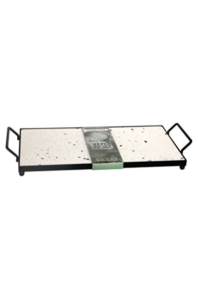 Raki Terrazzo serving platter, metal stand with handles, 37.5x18.5x5cm, with marble platter, 32x18cm