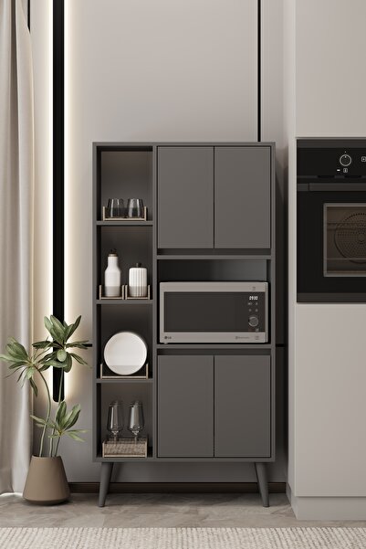 moldesan LİNEA GRİ MDF ÇOK AMAÇLI FIRIN DOLABI RAFLI,KAPAKLI 80x32x140 cm