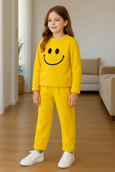 AHENGİM Girl - Boy Child Winter Plush Set with Smiling Face Embroidery Ak4006