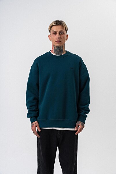 Respire Erkek Yazı Detaylı Basic Oversize Sweatshirt Zümrüt
