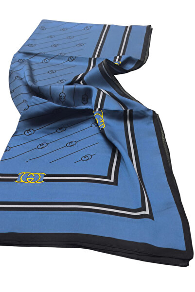 PİRAMİT Monogram Pattern Vual Silk Shawl Blue