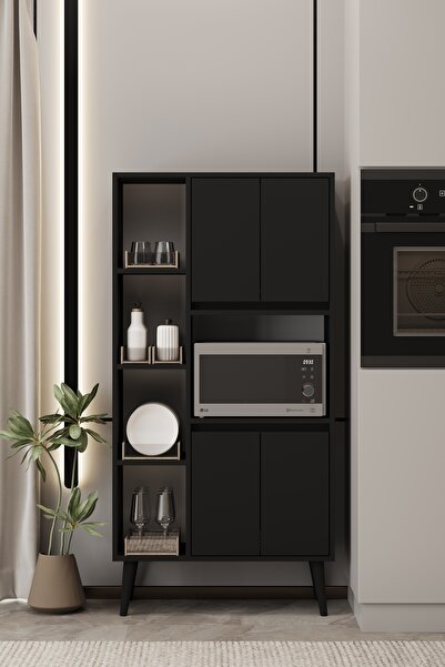 moldesan LİNEA SİYAH MDF ÇOK AMAÇLI FIRIN DOLABI RAFLI,KAPAKLI 80x32x140 cm