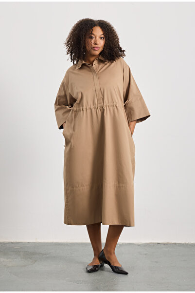 LUOKK ELANI Bağcıklı Poplin Uzun Elbise Camel