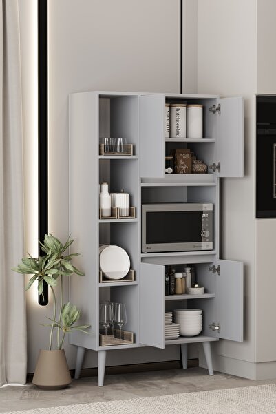 moldesan LİNEA SİS GRİ MDF ÇOK AMAÇLI FIRIN DOLABI RAFLI,KAPAKLI 80x32x140 cm