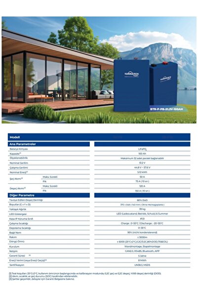 Tommatech 51.2V 100AH Pb Serisi Lfp Lityum Batarya