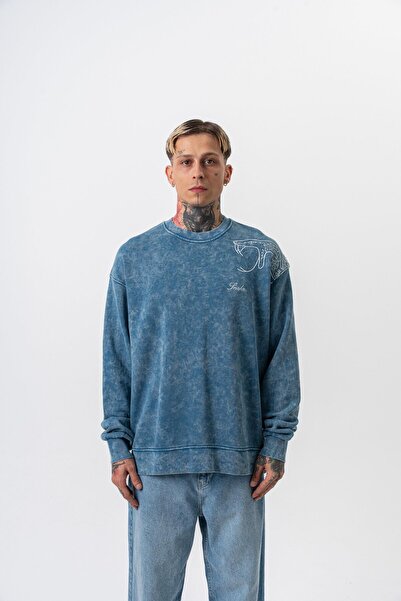 Respire Erkek Snake Nakışlı Yıkamalı Bisiklet Yaka Oversize Sweatshirt Petrol