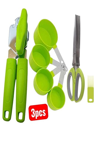 Generic Practical 3-piece kitchen set: can opener, multi-blade herb scissors, and measuring cups