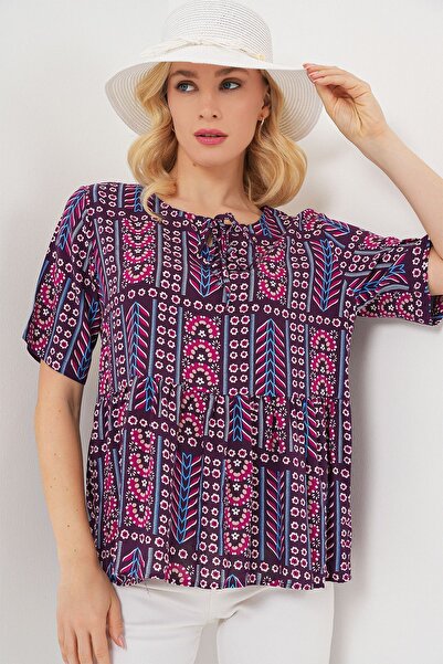 Hiccup Bdart Printed Round Neck Elasticated Blouse