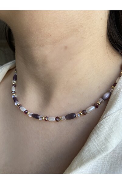 Anetta Jewelry Kadın tasarım mürdüm mor kristal boncuklu kolye