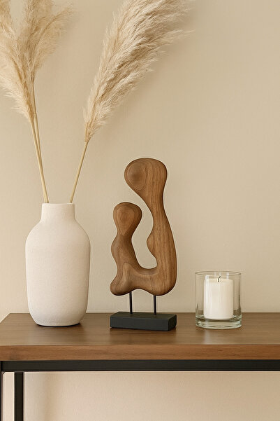 MARIA HOMES منحوتة تجريدية خشبية من خشب الجوز والأسود على حامل - لمسة فنية حديثة