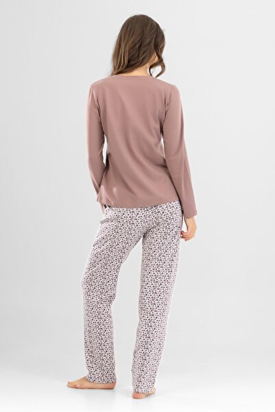 BAYKAR Women's Cotton Crew Neck Letter Printed Long Sleeve Pajama Set 9925 Brown