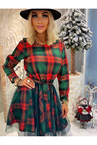 Sisa Butik İthal Crep Ekose Kumaş Kuşaklı Elbise