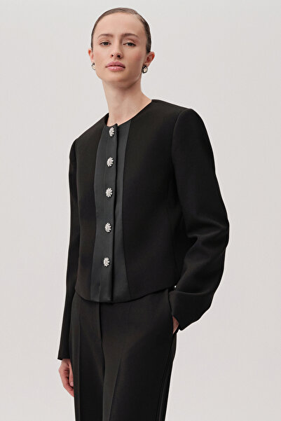 Exquise Regular Black Jacket with Pocket, Crew Neck, Long Sleeves, and Stone Buttons