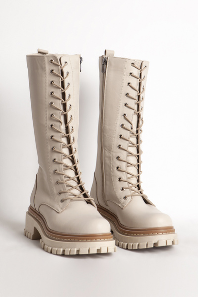 Dericlub Women's Zippered Lace-Up Casual Boots Genuine Leather Br 88046 Beige