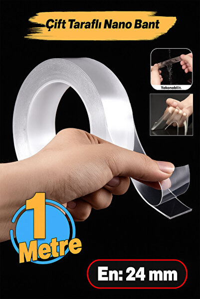 Badem10 Güçlü Yapışkan Şeffaf Çift Taraflı Nano Silikon Bant 24 mm x 1 m Dayanıklı Kolay Yıkanabilir