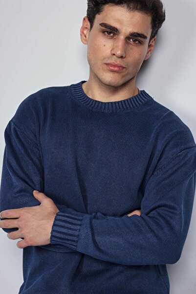 ablukaonline Men's Oversize Crew Neck Basic Knit Sweater Navy Blue