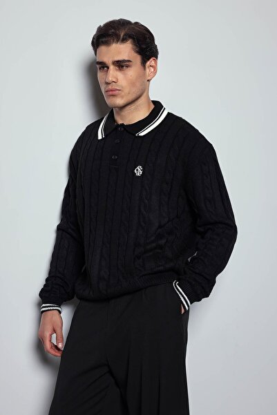 ablukaonline Ανδρικό πλεκτό πουλόβερ με λαιμόκοψη πόλο με σχέδιο, μαύρο