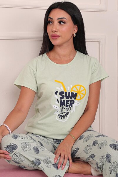 Niket Life Summer Sloganlı Kısa Kol Alt Uzun Pijama Takımı Mint