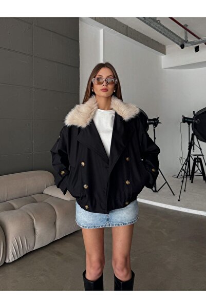 VESS MODA معطف ترينش كوت من الفرو مع ياقة قابلة للإزالة