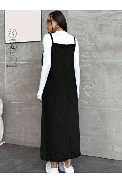 SHEVEGA KADIN UZUN SİYAH BAHÇIVAN ASKILI ELBİSE