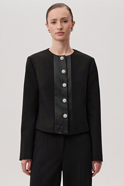 Exquise Regular Black Jacket with Pocket, Crew Neck, Long Sleeves, and Stone Buttons
