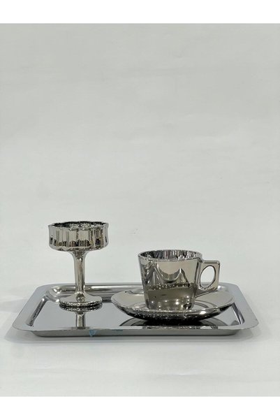 isra kristal 6-Person Luxury Silver Coffee Presentation Set – Stylish Cup Set, Turkish Delight Bowl and Tray - Elegant Presentation Set