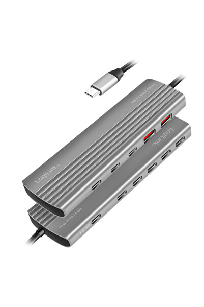 LogiLink Externí HUB, LOGILINK, USB-A 2.0 x 2, USB Type-C x 8, připojení přes USB 3.2 Type-C, PD 100W, šedý