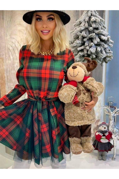 Sisa Butik İthal Crep Ekose Kumaş Kuşaklı Elbise