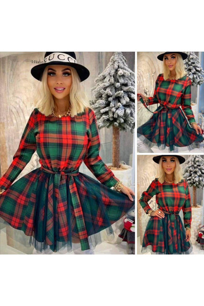 Sisa Butik İthal Crep Ekose Kumaş Kuşaklı Elbise