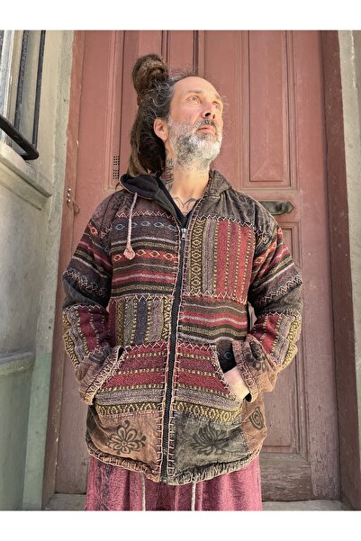 Bohoyasam Unisex Nepal Baja Polarlı Kaban Mont, Kalın Mont, İçi Polar Kaban, Kamp Mont, Patchwork