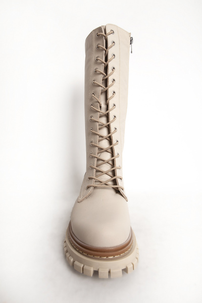 Dericlub Women's Zippered Lace-Up Casual Boots Genuine Leather Br 88046 Beige