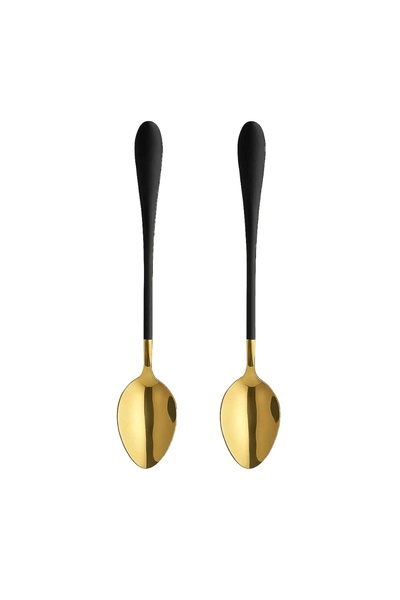 PUFO Set of 2 Luxury dessert, fruit, tea serving spoons, steel, 18 cm, gold/black