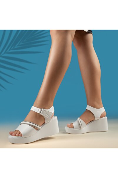 BMoD Sandale albe cu platformă pentru femei și strasuri MOD13879