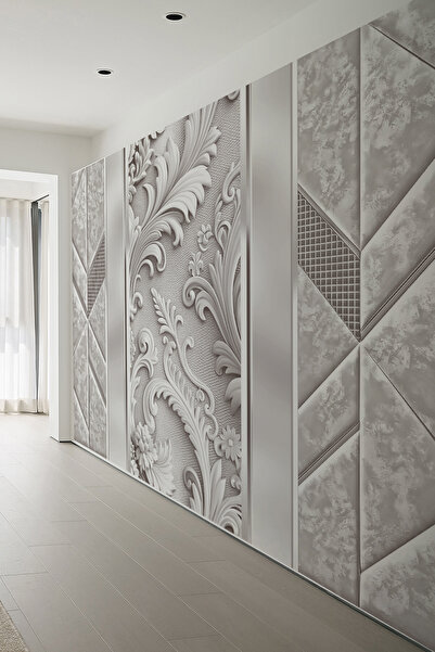 dreamwall Klasik Kabartma Desenli 3D Çiçek Motifli Gri Soft Tekstil Duvar Kağıdı