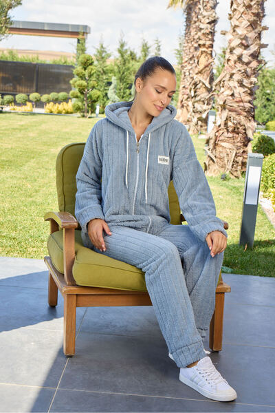 Miss Meryem Mavi Welsoft Yumuşacık, Sıcak Tutan ve Rahat Full Fermuarlı, Kapüşonlu Pijama Takım