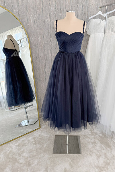 Lenta Moda Lacivert Drapeli Ve İnci Detaylı Midi Boy Tül Abiye & Nikah Elbisesi