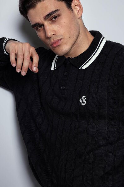 ablukaonline Ανδρικό πλεκτό πουλόβερ με λαιμόκοψη πόλο με σχέδιο, μαύρο