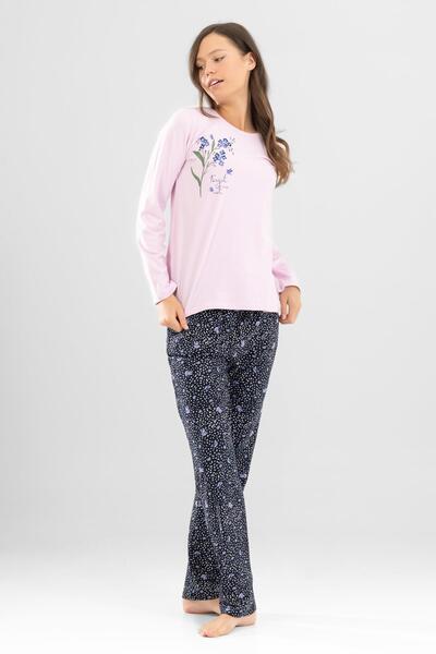 BAYKAR Γυναικείο σετ πιτζάμες με μακρυμάνικο λουλουδάτο στάμπα από βαμβακερό λαιμόκοψη 9920 Dusty Pink