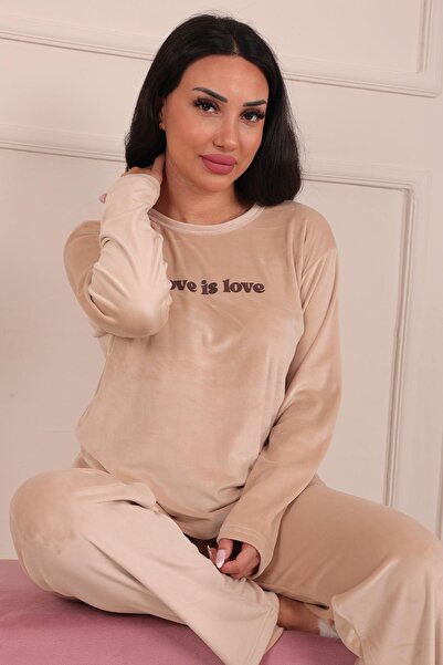 Niket Life Love is Love Sloganlı Uzun Kollu Kadife Pijama Takımı