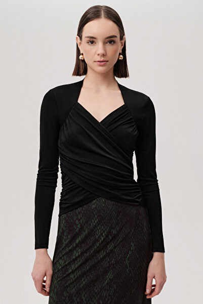 Exquise Double Breasted Collar Draped Long Sleeve Slim Fit Knitted Black Blouse