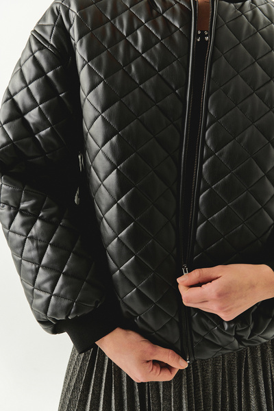 Exquise Quilted Faux Leather Lined Zippered Bomber Black Jacket