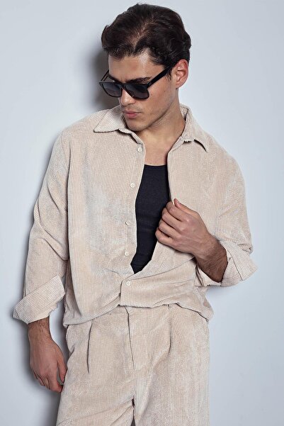 ablukaonline Erkek Oversize Kadife Dokulu Uzun Kollu Gömlek Taş Rengi