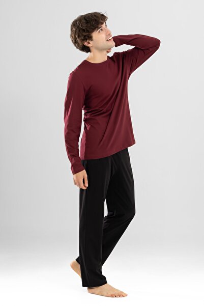 BAYKAR Men's Cotton Crew Neck Printed Long Sleeve Pajama Set 9802 Claret Red